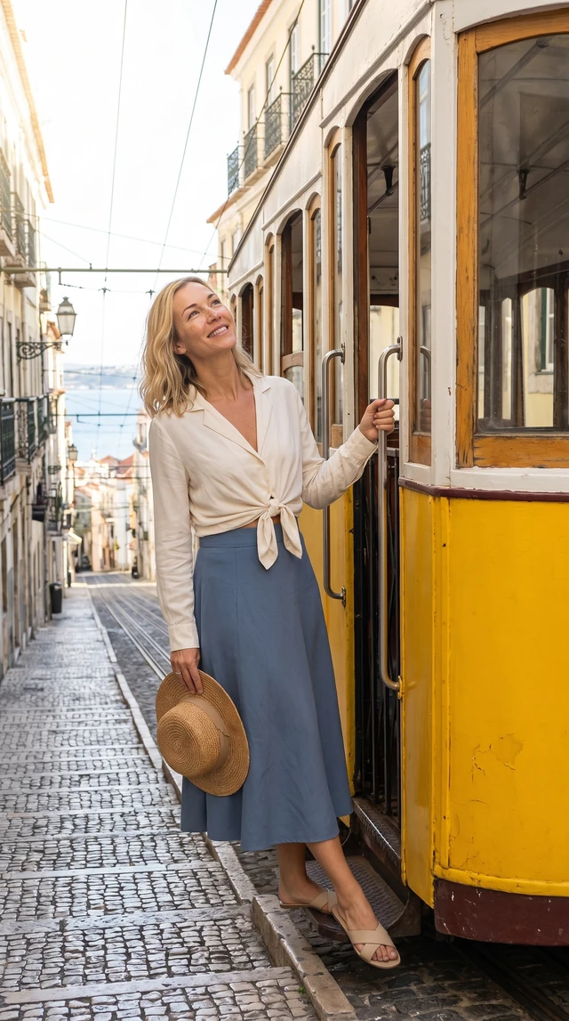 Mulher junto ao funicular de Lisboa
